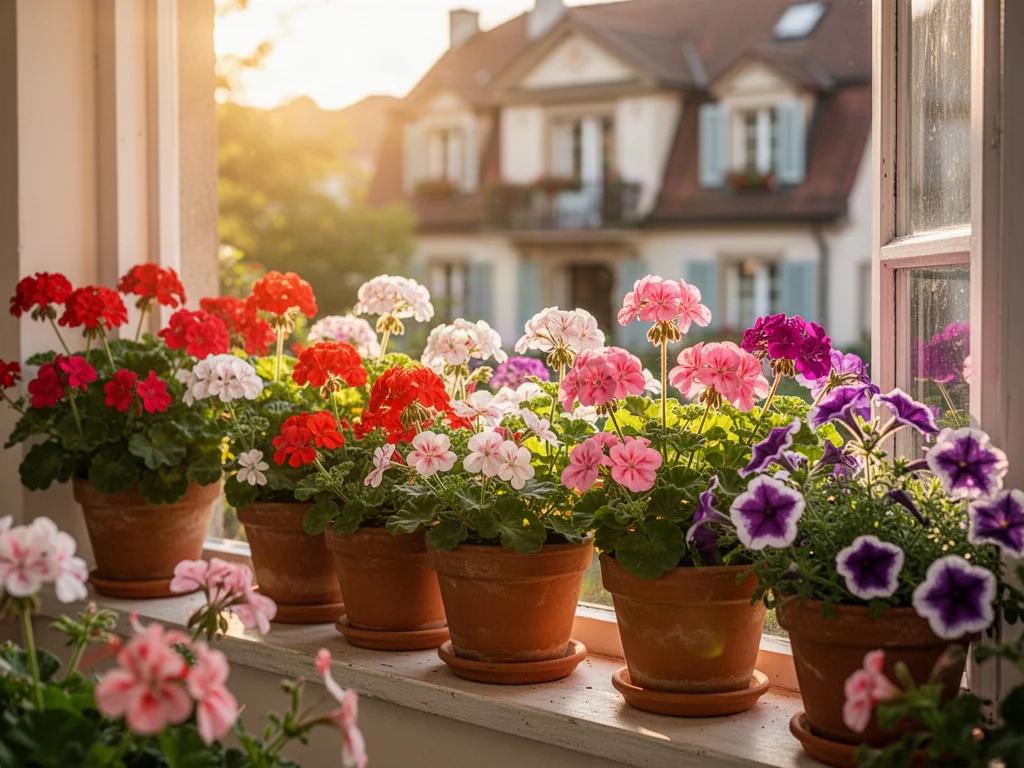 Kolorowe pelargonie i petunie w terakotowych donicach na słonecznym parapecie zewnętrznym.